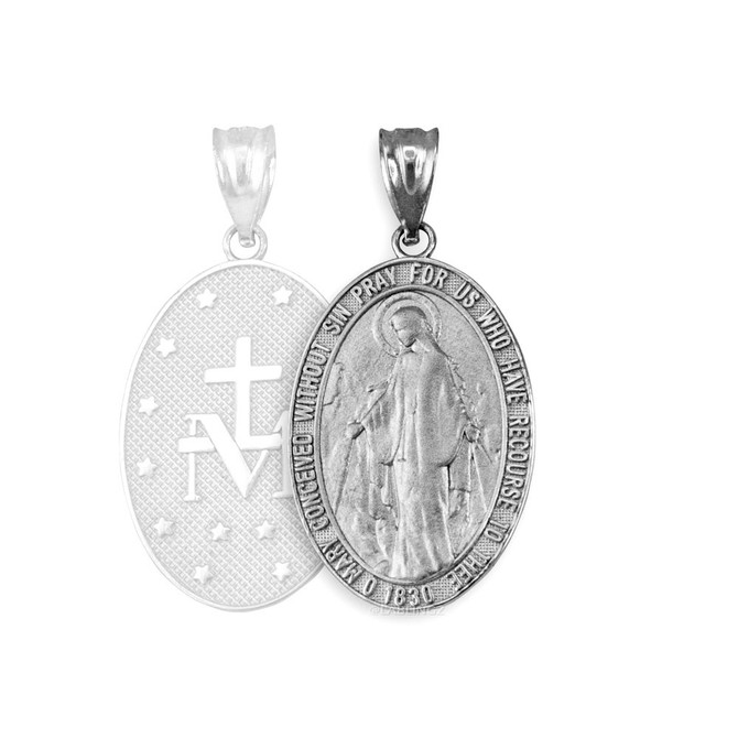 Sterling Silver Virgin Mary Conceived Without Sin Oval Satin Pendant Necklace