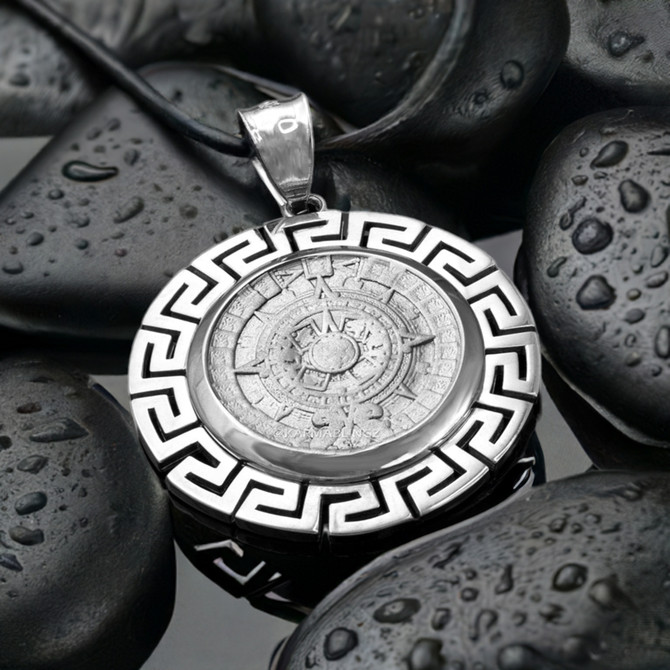 Sterling Silver Aztec Mayan Sun Calendar Pendant