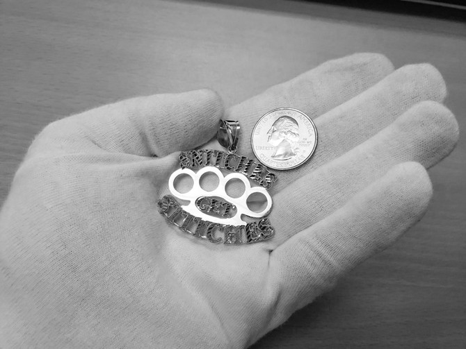 'SNITCHES GET STITCHES' Silver Knuckles Duster Hip-Hop Pendant