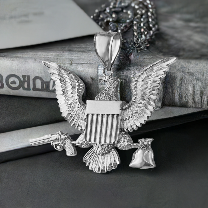 Sterling Silver Eagle Gun Money Bag Mens Large DC Hip-Hop Pendant