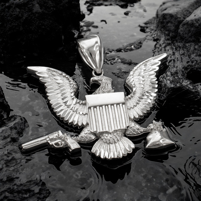 Sterling Silver Eagle Gun Money Bag Mens Large DC Hip-Hop Pendant