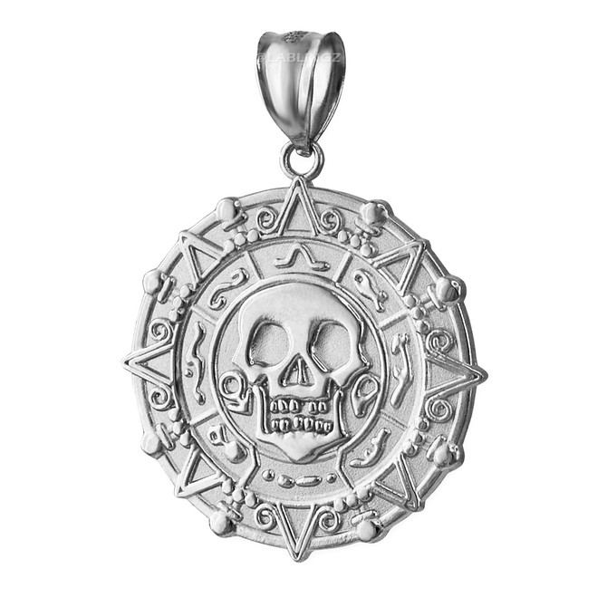 Sterling Silver  Aztec Coin Caribbean Pirates Skull Pendant Necklace