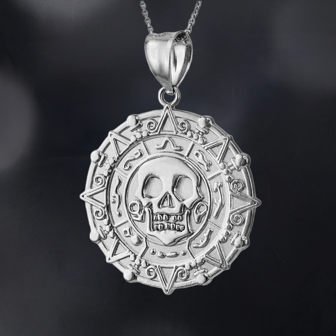 Sterling Silver  Aztec Coin Caribbean Pirates Skull Pendant Necklace