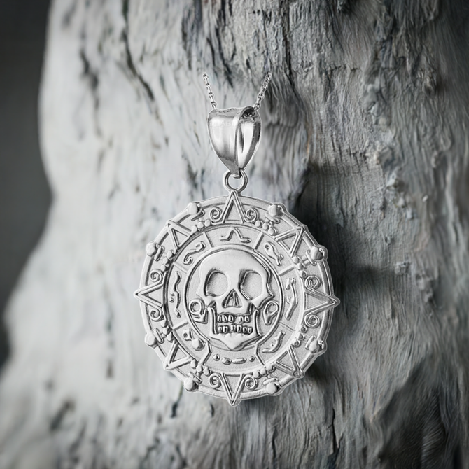 Sterling Silver  Aztec Coin Caribbean Pirates Skull Pendant Necklace