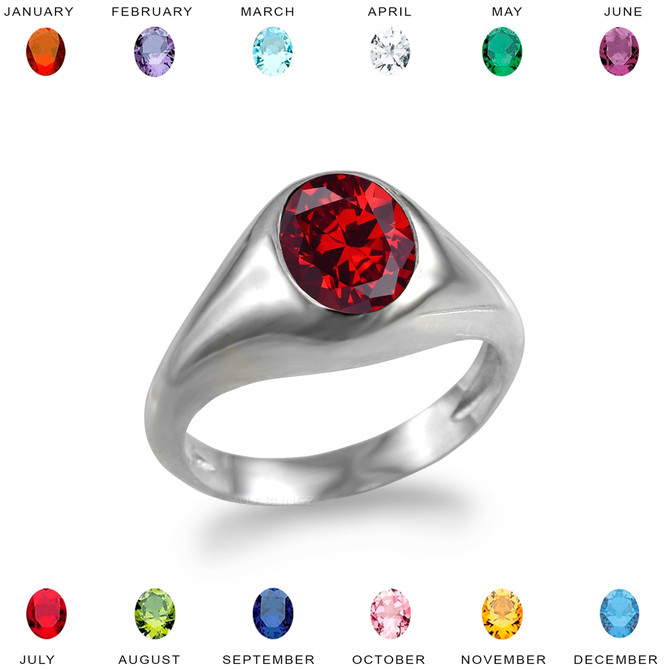 Sterling Silver Oval CZ Color Birthstone Signet Ring
