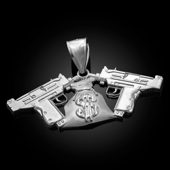Sterling Silver Money Bag Dual Uzi Gun Satin DC Hip-Hop Pendant