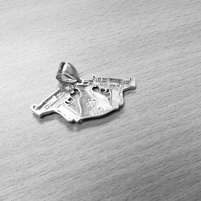 Sterling Silver Money Bag Dual Uzi Gun Satin DC Hip-Hop Pendant