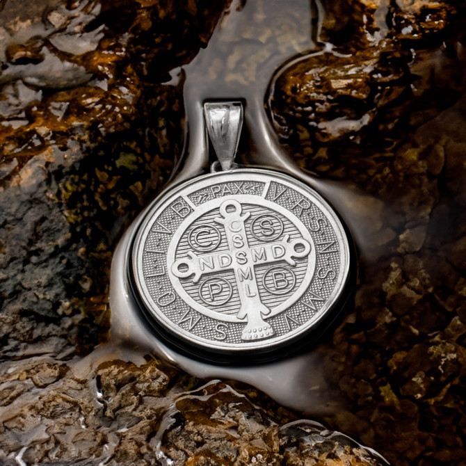 Sterling Silver St. Benedict Reversible Medal Pendant Necklace