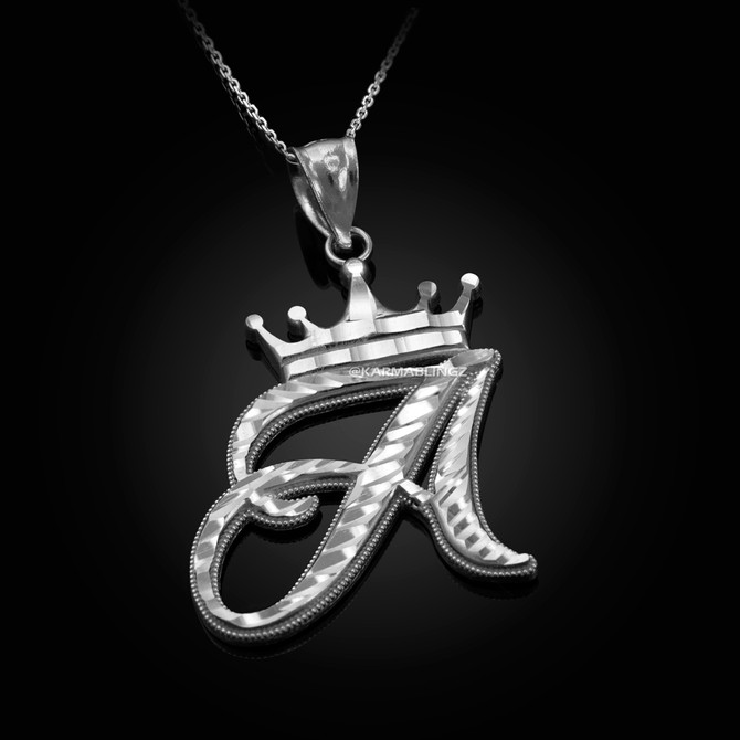 Sterling Silver Cursive Letter Initial DC Crown Pendant Necklace