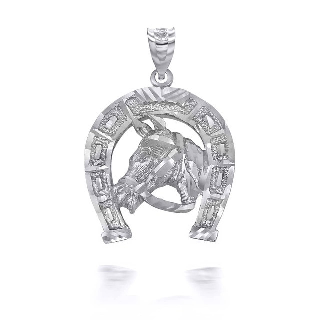 Sterling Silver Large Horseshoe With Horse Face Pendant Necklace