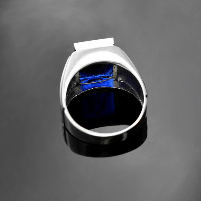 Sterling Silver Freemason Blue CZ Square & Compass Masonic Mens Ring