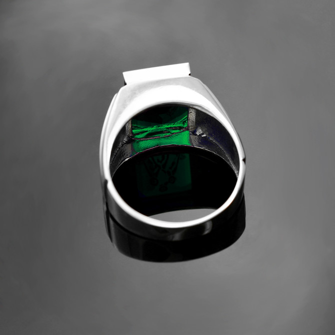Sterling Silver Freemason Green CZ Square & Compass Masonic Mens Ring