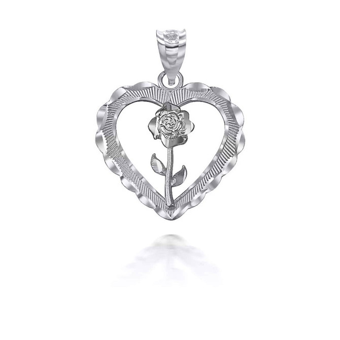 Sterling Silver Heart Rose Pendant Necklace