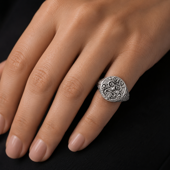 Rugged Aztec Mayan Sun Signet Ring in Sterling Silver