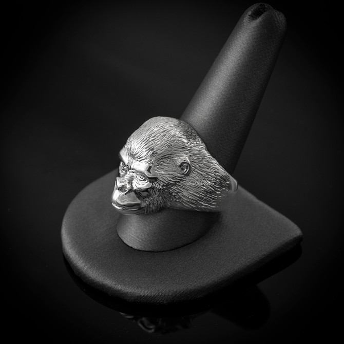 Sterling Silver Mens 3D Ape Face Monkey Ring