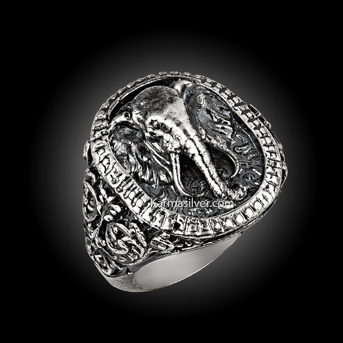 Sterling Silver Lucky Elephant Head Filigree Men's Signet Ring