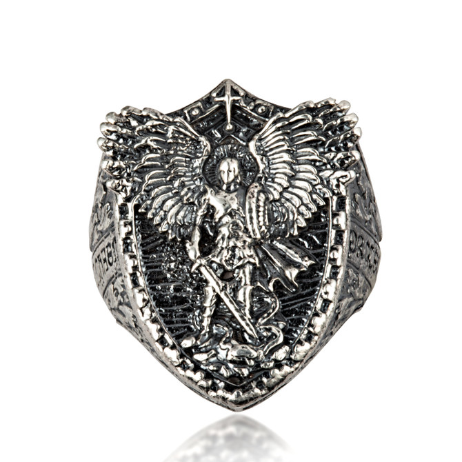 Sterling Silver Saint Michael Archangel Protect Us Shield Men's Signet Ring