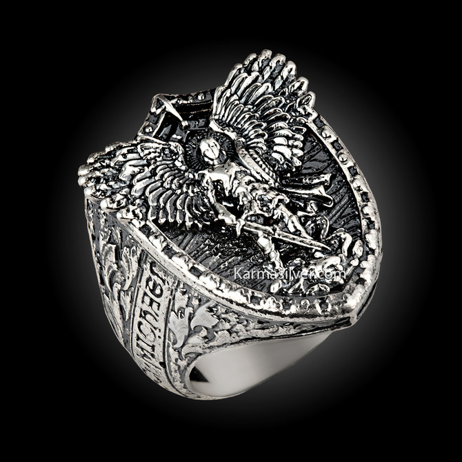 Sterling Silver Saint Michael Archangel Protect Us Shield Men's Signet Ring