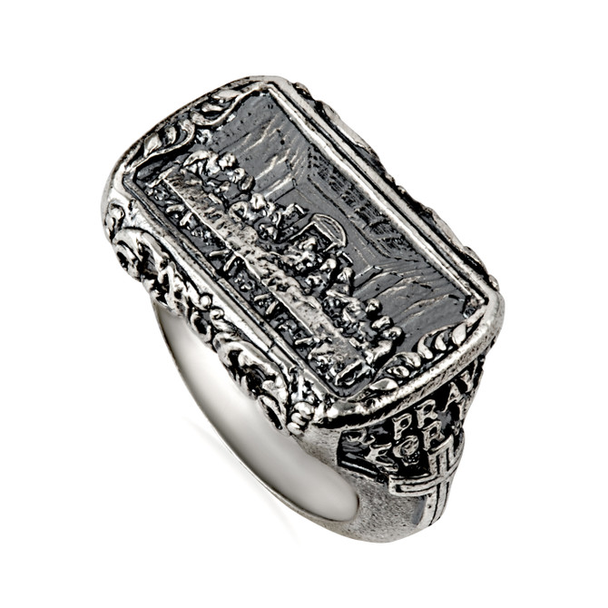 Sterling Silver Biblical Last Supper Pray For Us Men's Signet Ring