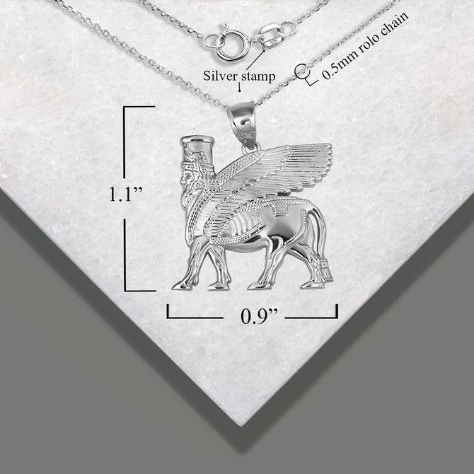 Sterling Silver Ancient Assyrian God Lamassu Winged Bull Pendant Necklace