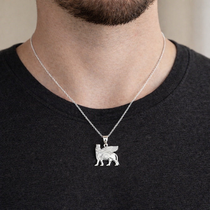 Sterling Silver Ancient Assyrian God Lamassu Winged Bull Pendant Necklace