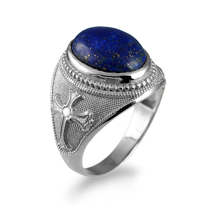 Sterling Silver Fleur de Lis Cross Lapis Lazuli Oval Gemstone Ring