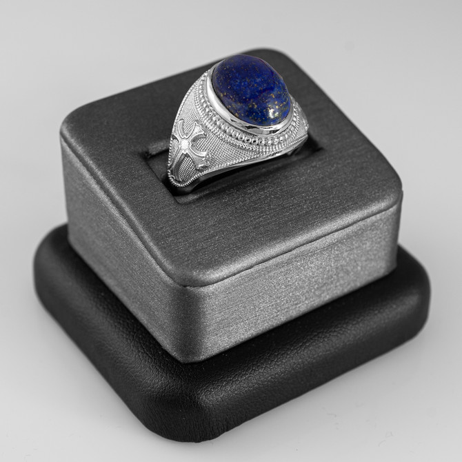 Sterling Silver Fleur de Lis Cross Lapis Lazuli Oval Gemstone Ring