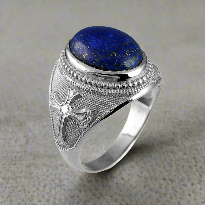Sterling Silver Fleur de Lis Cross Lapis Lazuli Oval Gemstone Ring