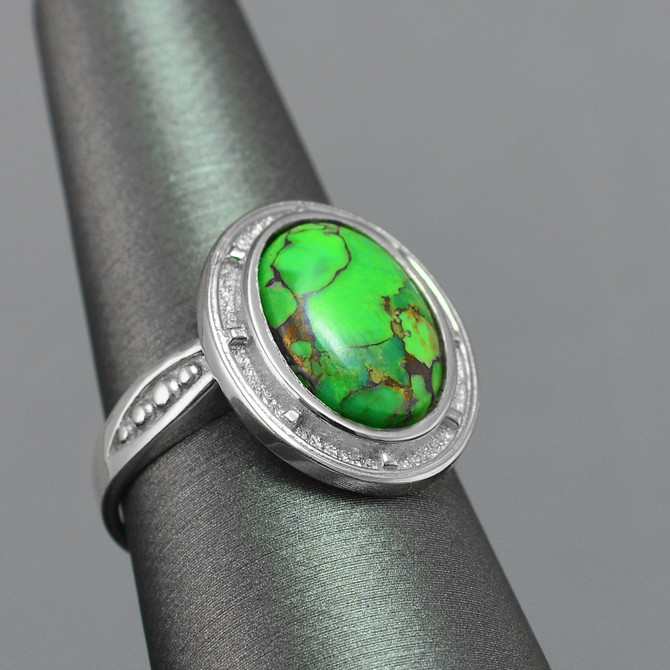Sterling Silver Beaded Design Green Copper Turquoise Gemstone Ring