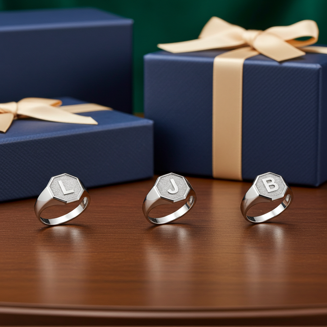 Men's Sterling Silver Letter Initial Octagon Signet Ring