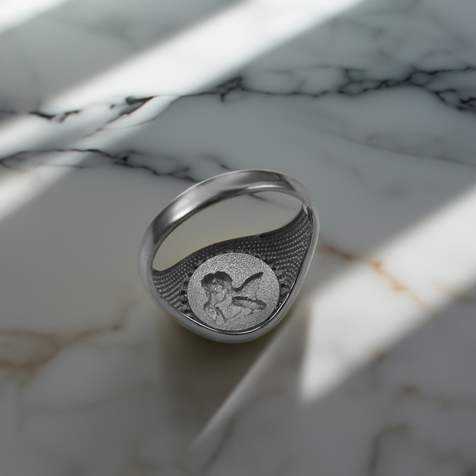 Sterling Silver Cupid Cherub Angel Halo CZ Round Signet Ring