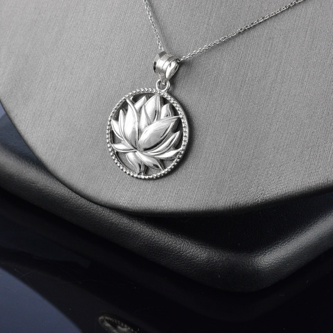 Sterling Silver Lotus Flower in Circle Yoga Pendant Necklace