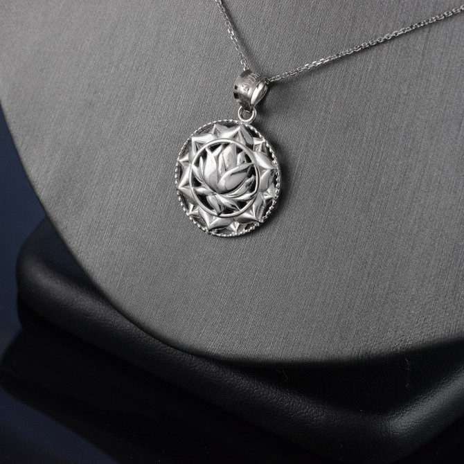 Polished Sterling Silver Lotus Mandala Pendant Necklace