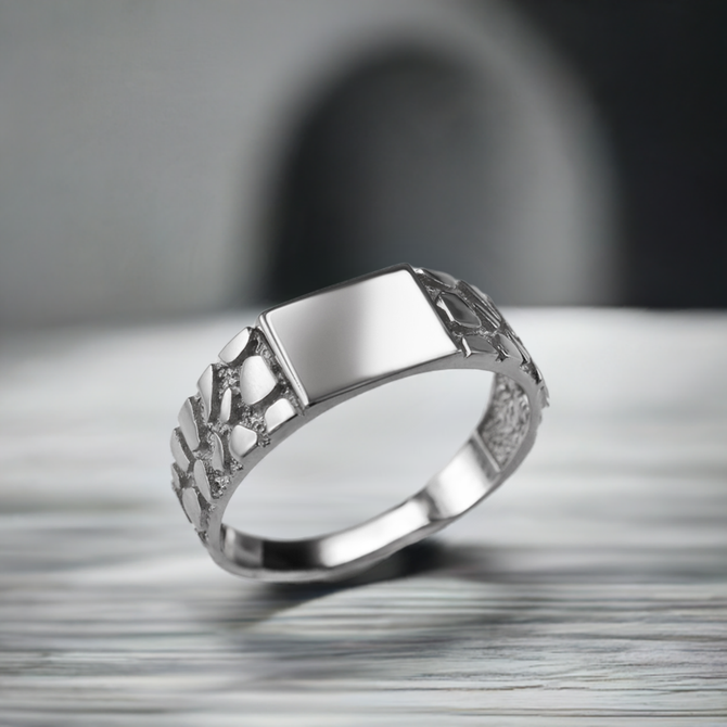 Sterling Silver Nugget Band Square Signet Unisex Ring