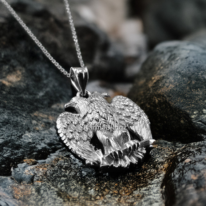 Sterling Silver Byzantine Double Headed Eagle Pendant Necklace