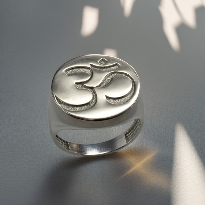 Sterling Silver Om Symbol Signet Men's Meditation Yoga Statement Ring