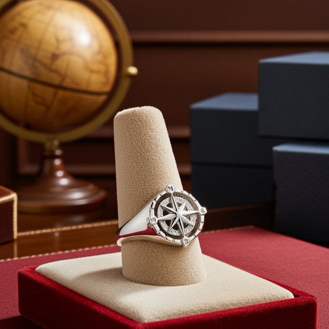 Sterling Silver North Star Compass Ring for Women