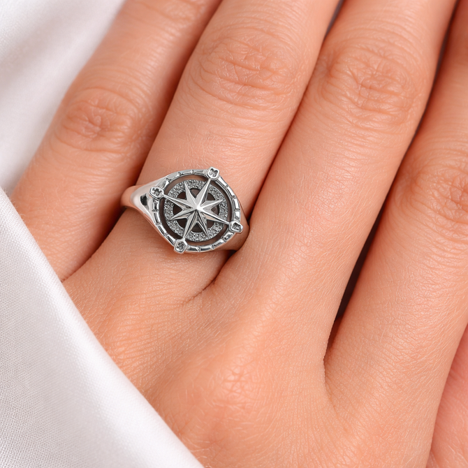 Sterling Silver North Star Compass Ring for Women