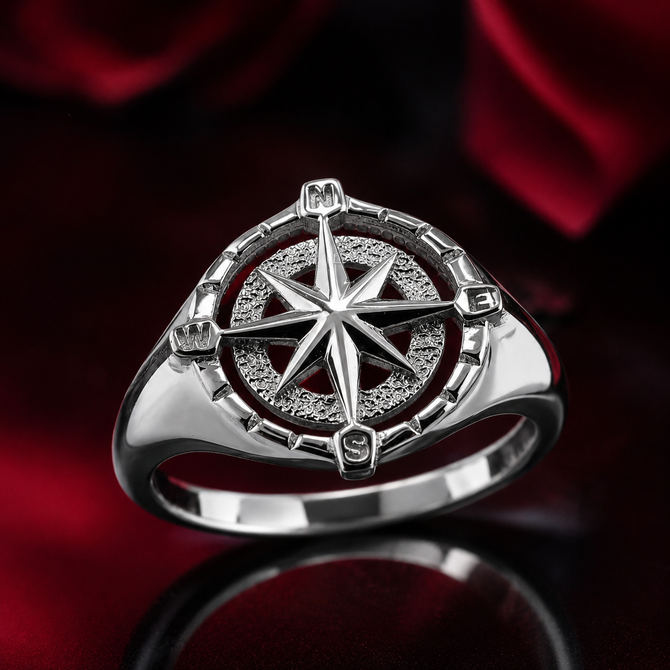 Sterling Silver North Star Compass Ring for Women