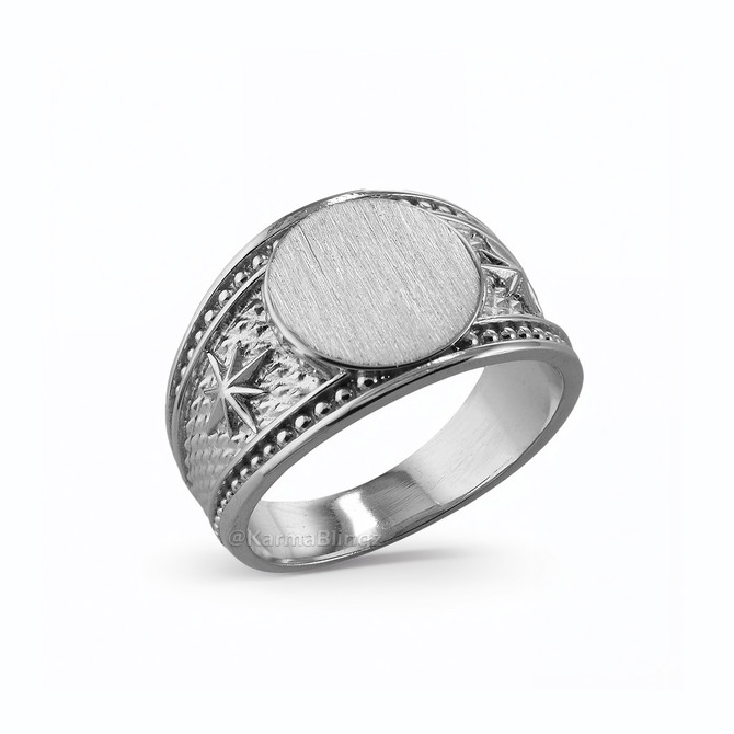 Bold Sterling Silver Northern Star Brushed Round Signet Ring for Men