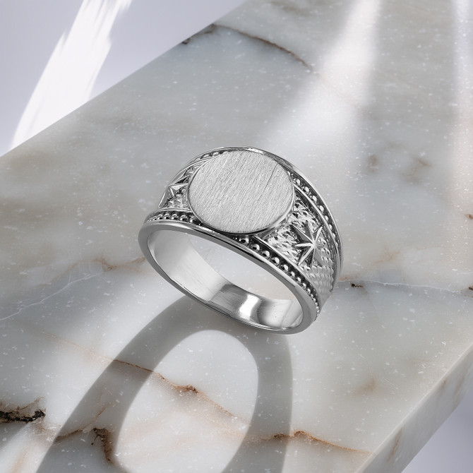 Bold Sterling Silver Northern Star Brushed Round Signet Ring for Men