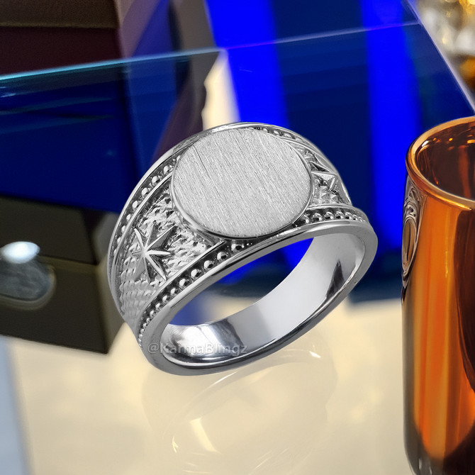 Bold Sterling Silver Northern Star Brushed Round Signet Ring for Men