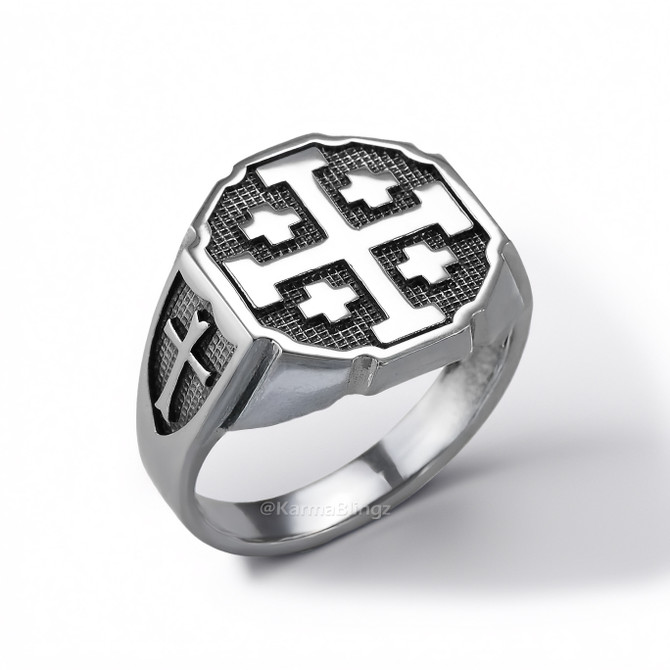 Solid Sterling Silver Jerusalem Cross Octagon Signet Bold Medieval Ring