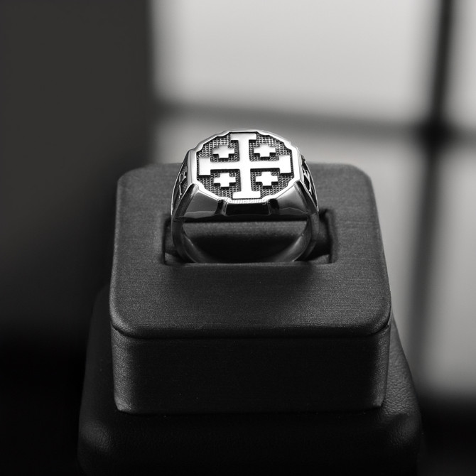 Solid Sterling Silver Jerusalem Cross Octagon Signet Bold Medieval Ring