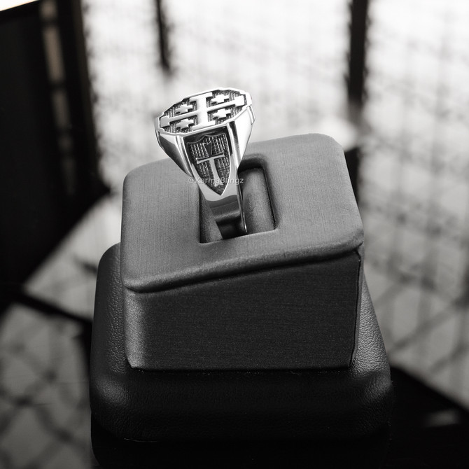 Solid Sterling Silver Jerusalem Cross Octagon Signet Bold Medieval Ring