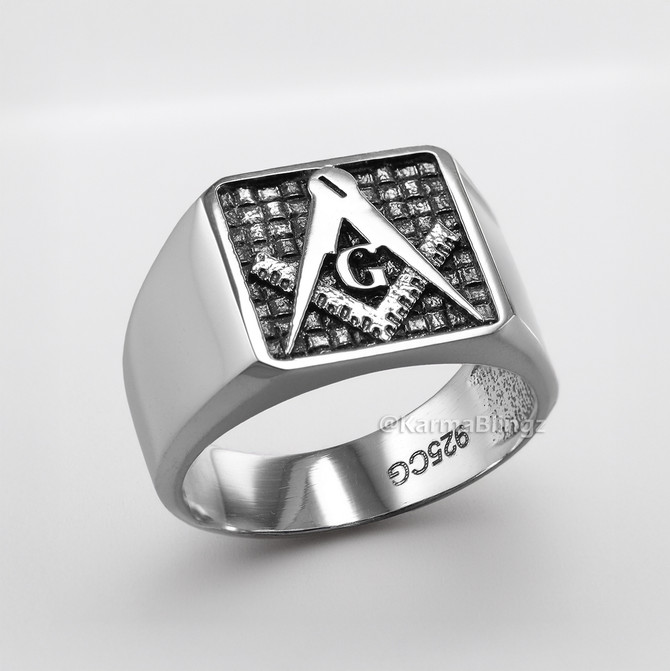 Sterling Silver Masonic Square and Compass Signet Ring Freemason Polished Band