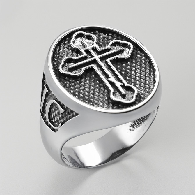 Sterling Silver Eastern Orthodox Cross Oval Signet Bold Statement Ring