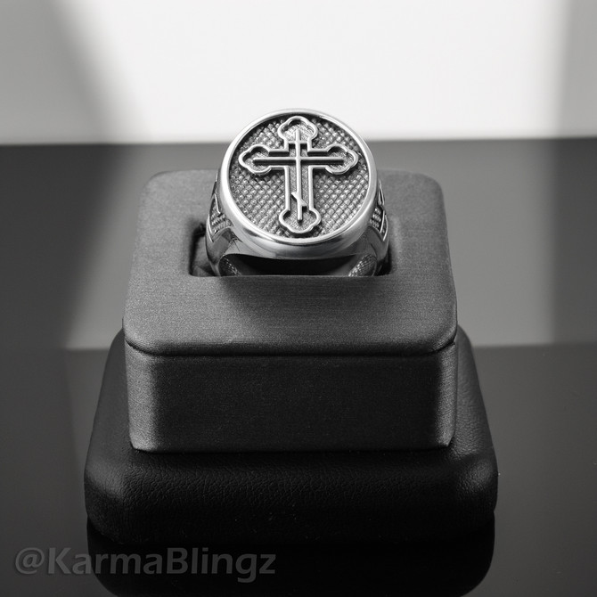 Sterling Silver Eastern Orthodox Cross Oval Signet Bold Statement Ring