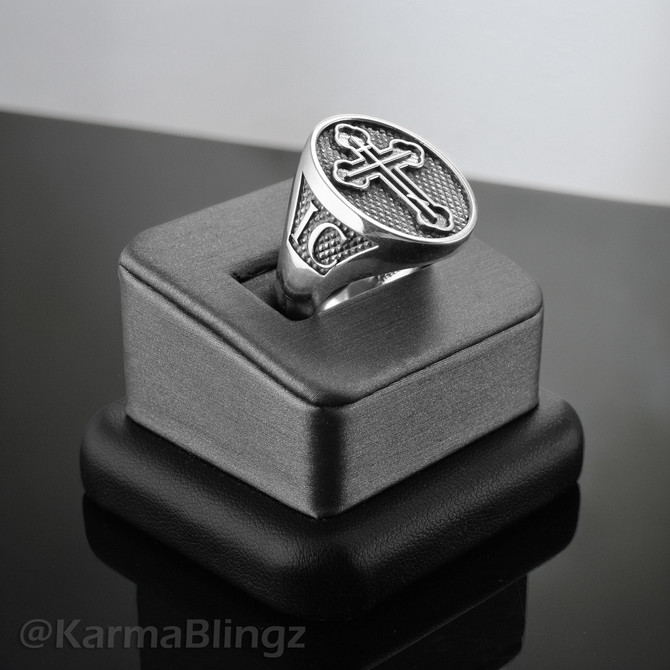 Sterling Silver Eastern Orthodox Cross Oval Signet Bold Statement Ring