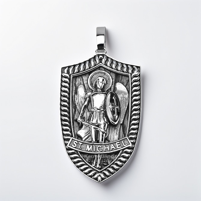 Oxidized Sterling Silver St. Michael Archangel Shield Pendant Necklace